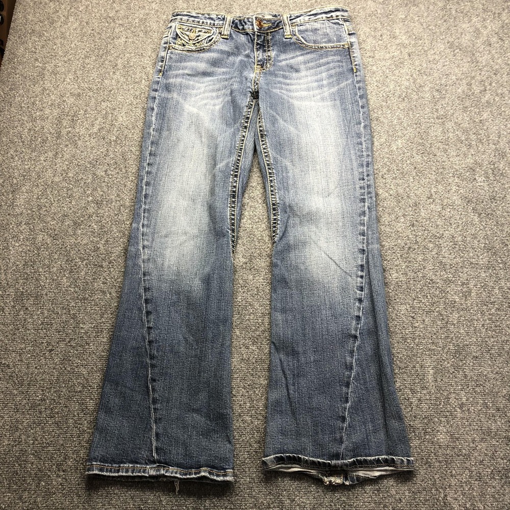 Vigoss Jeans Juniors 13 32x31 Blue Flare Embroidered Rhinestone Distressed Denim